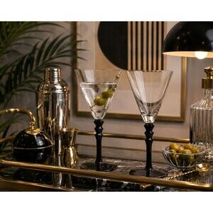 Vintage Sasaki Black Tie Crystal Martini Glasses | Pair | Black Geometric Stem